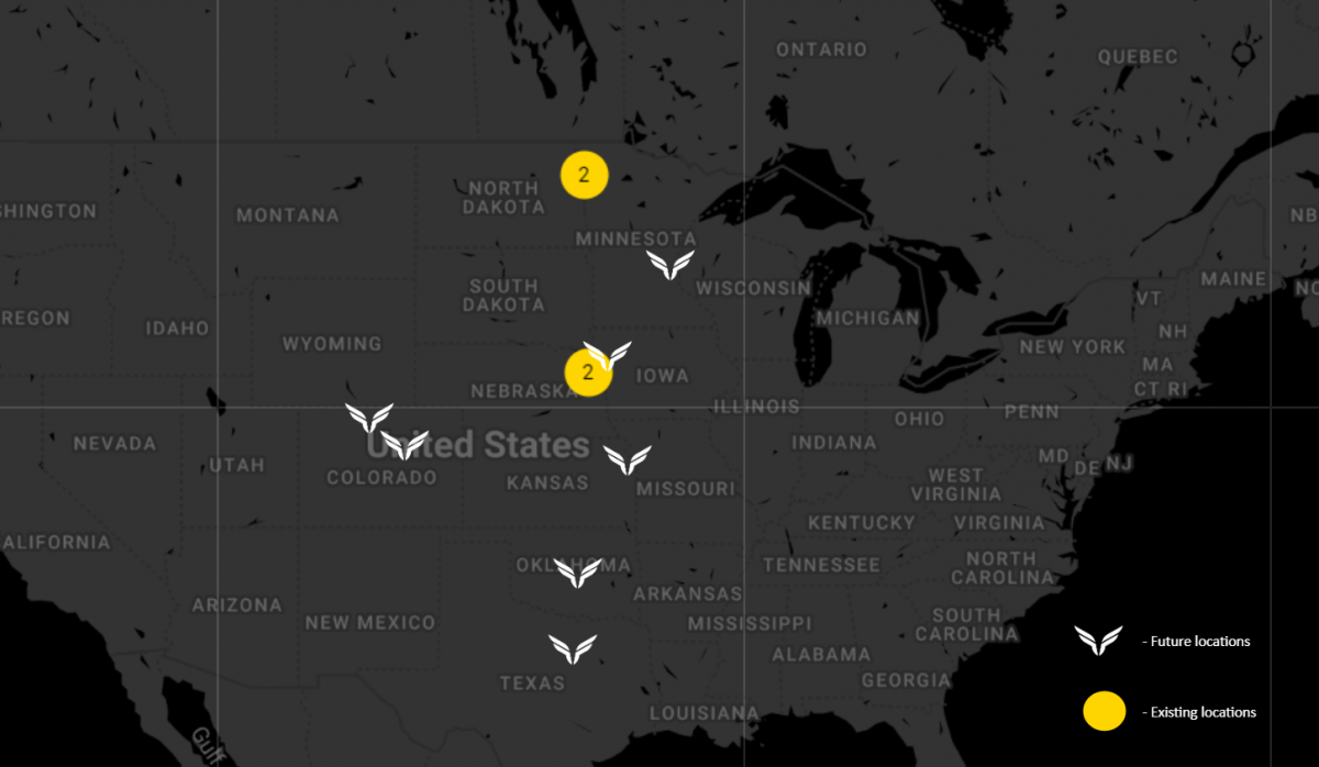 map of United States with ND & NE Fly locations marked & logos signifying future Fly studio locations